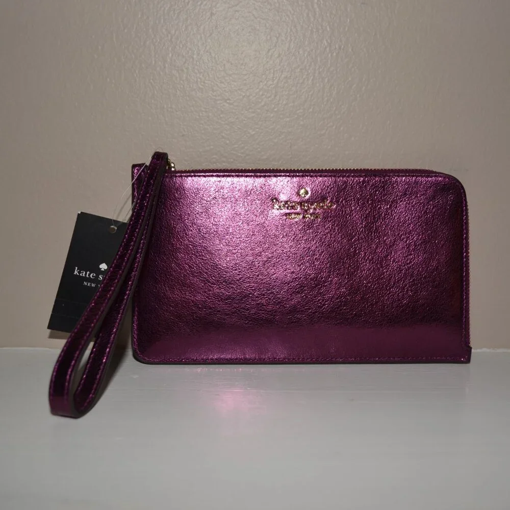 Kate Spade NY New Lucy Medium zip Dark Raspberry Metallic Leather Wristlet